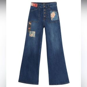 DESIGUAL Floral Patch Flare Button Fly High Waist Jean--NEW--12